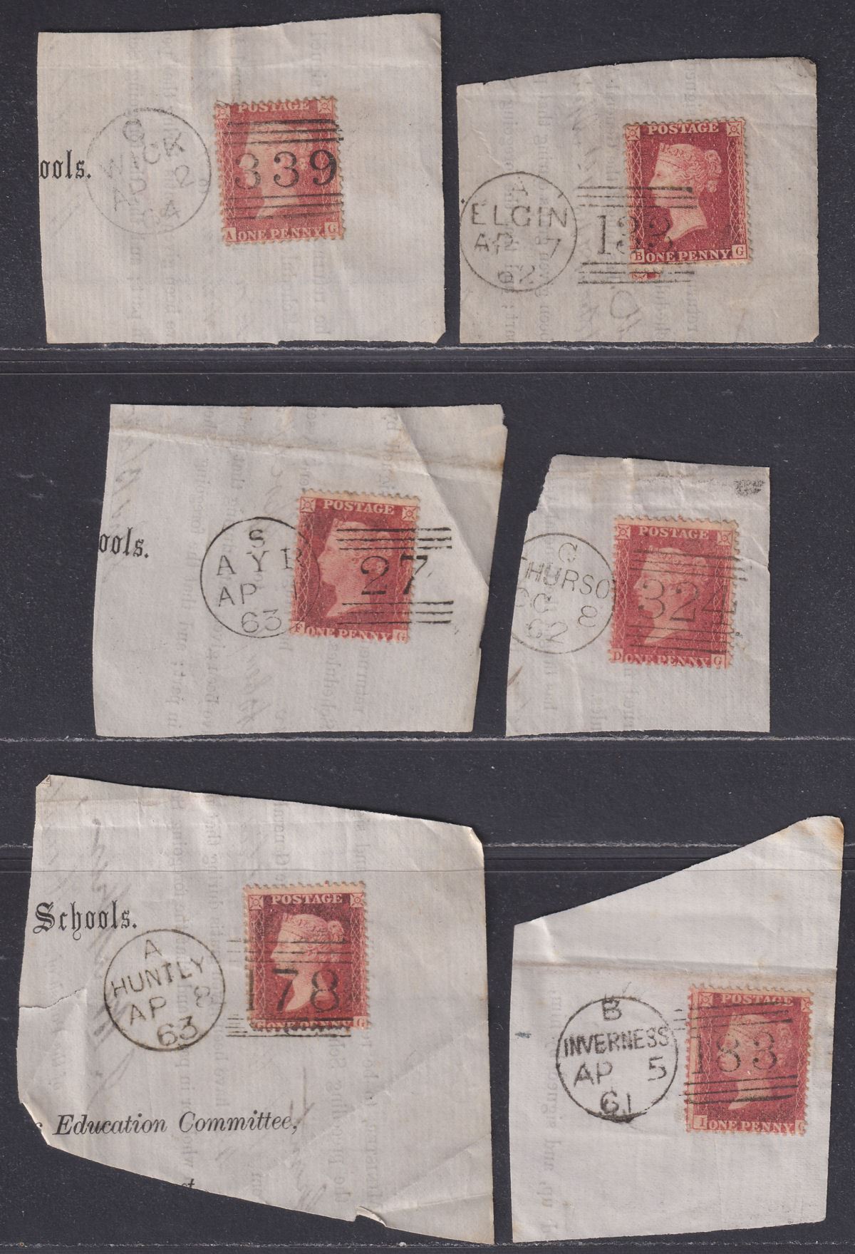 QV 1861-64 1d Used w WICK, ELGIN, AYR, THURSO, HUNTLY, INVERNESS Pmks