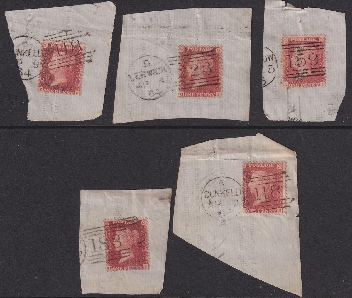 QV 1861-64 1d Used with DUNKELD, LERWICK, GLASGOW, INVERNESS Postmarks