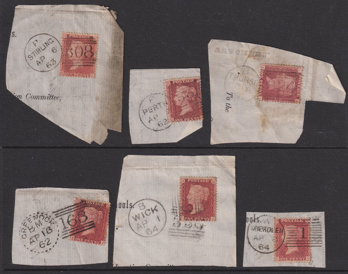 QV 1861-64 1d Used w STIRLING, PERTH, THURSO, GREENOCK, WICK, ABERDEEN Pmks