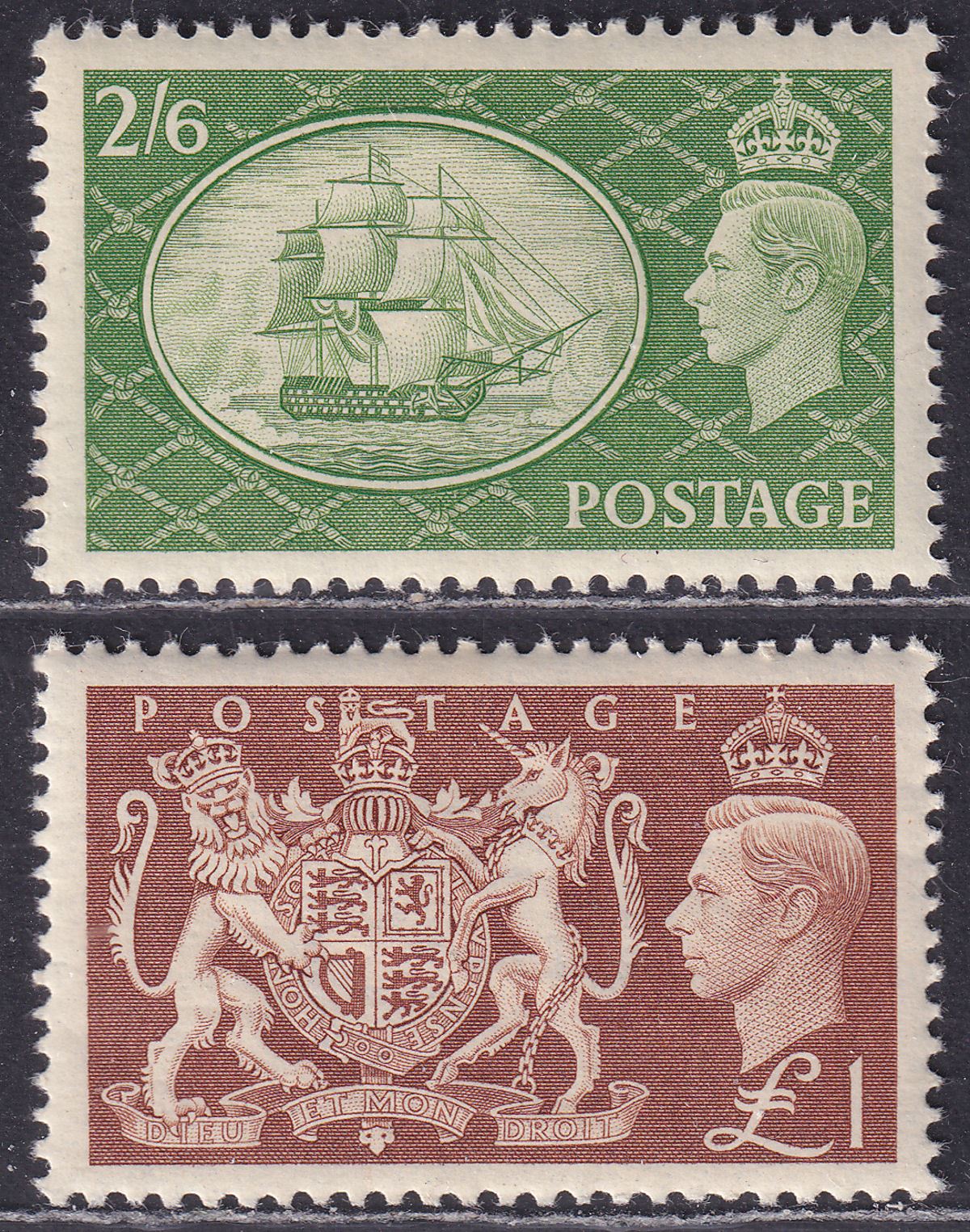 King George VI 1951 2sh Yellow-Green, £1 Brown Mint SG509 SG512 cat £50