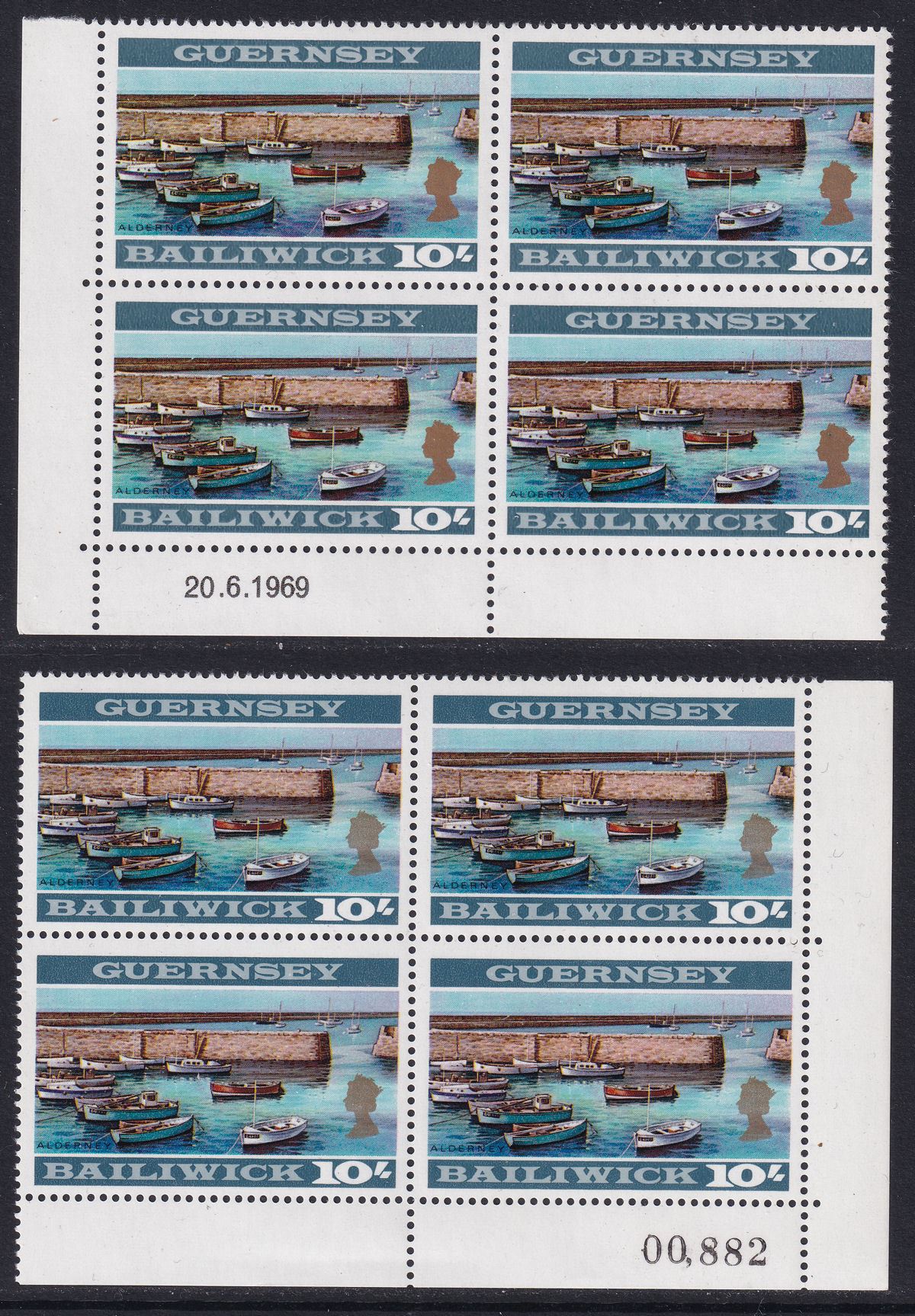 Guernsey 1969-70 QEII 10sh p12½, p13½ x 13 Blocks of 4 UM Mint SG27-27a cat £132