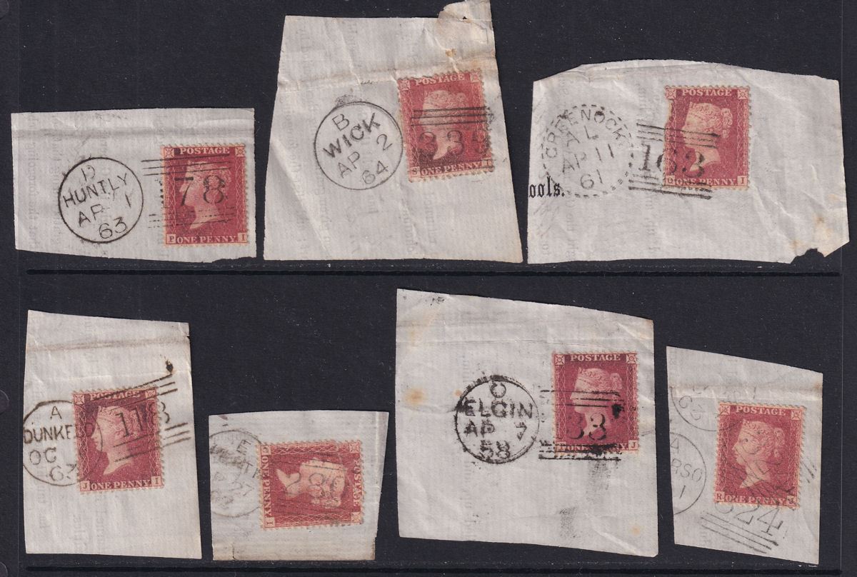 QV 1861-64 1d Used w HUNTLY, WICK, GREENOCK, DUNKELD, ELGIN, THURSO Postmarks