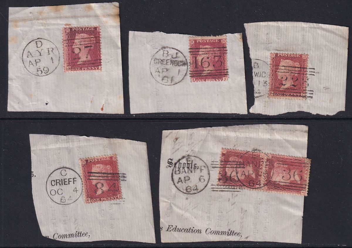 QV 1861-64 1d Used w AYR, GREENOCK, LERWICK, CRIEFF, BANFF Scottish Postmarks