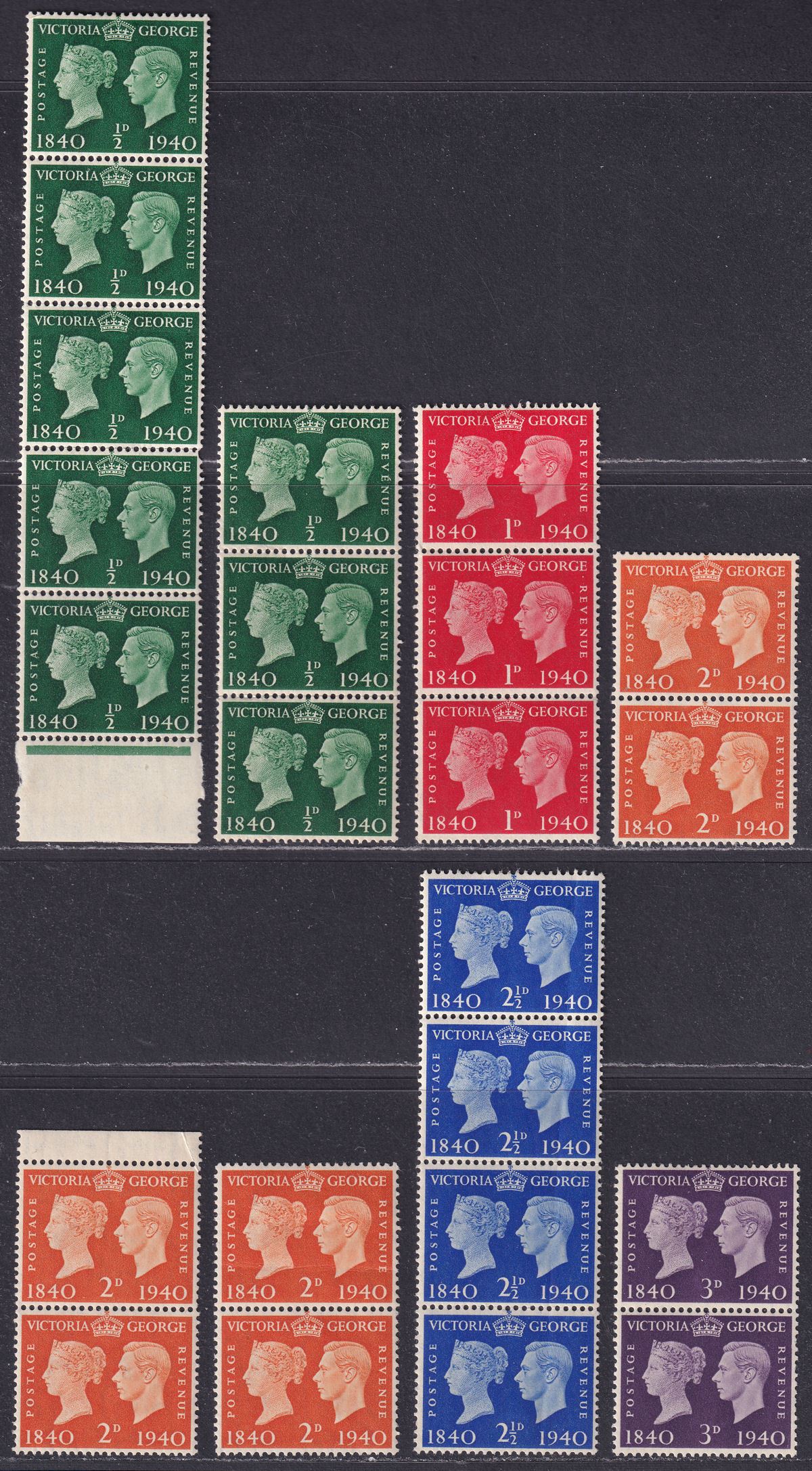 KGVI 1940 Centenary of First Adhesive Stamps Pairs / Strips Set Mint SG479-484