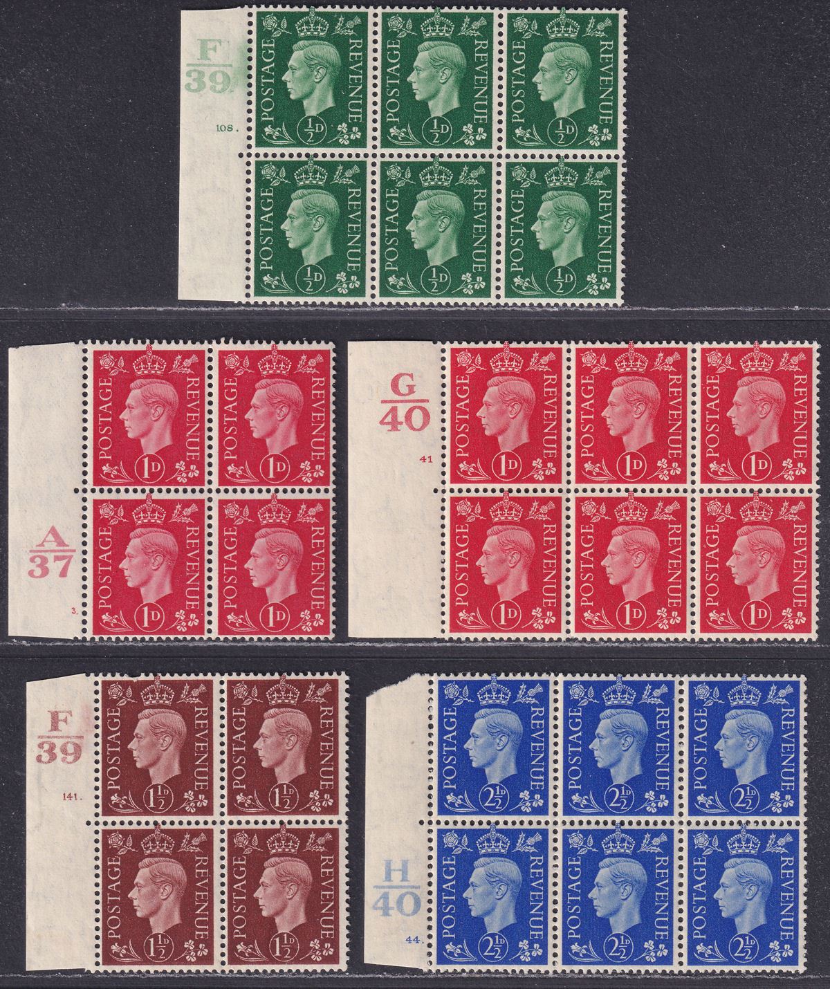King George VI 1937 ½d, 1d, 1½d, 2½d Control Blocks Mint