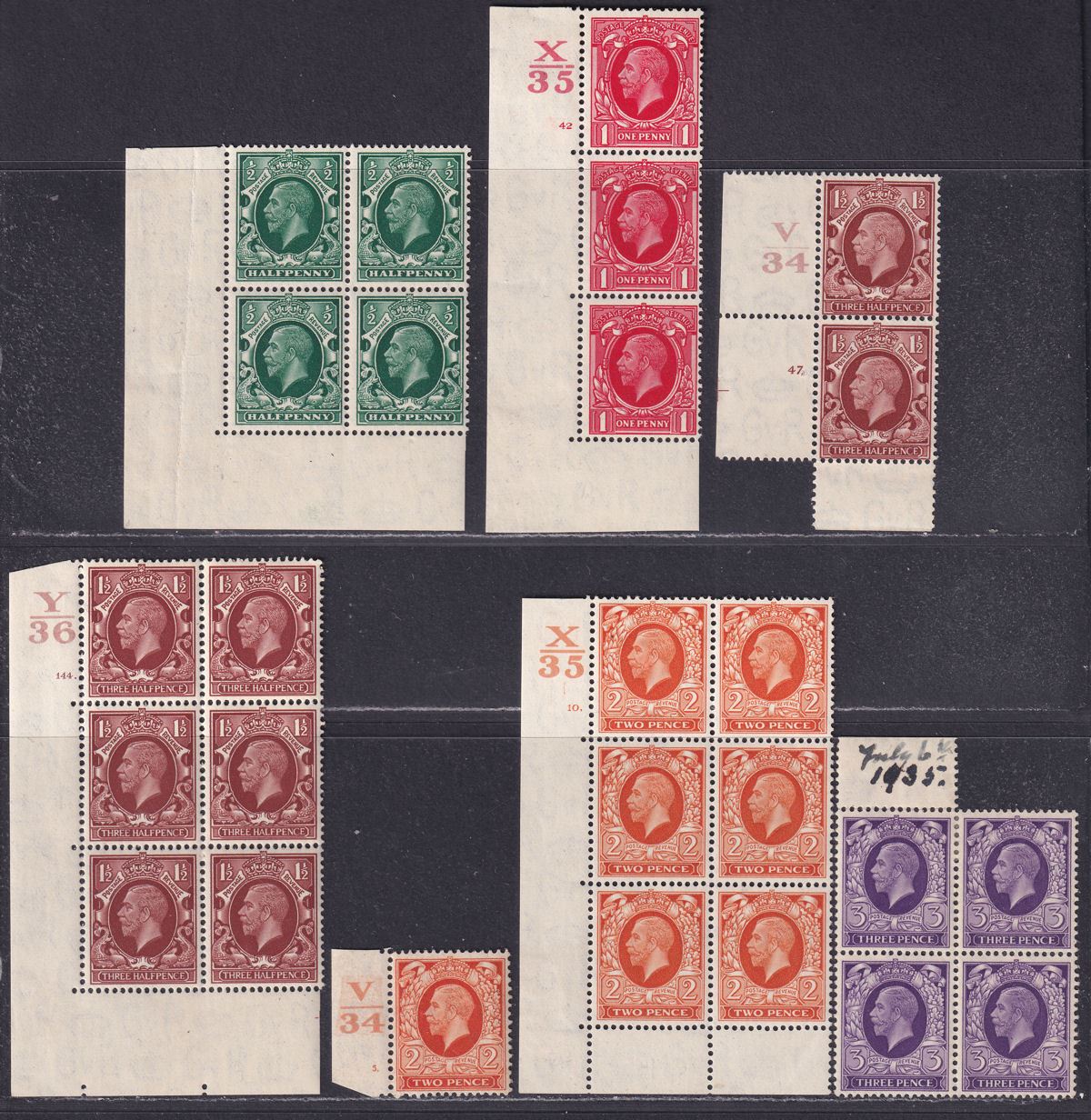 King George V 1924 Part Set to 3d Mostly Blocks Mint