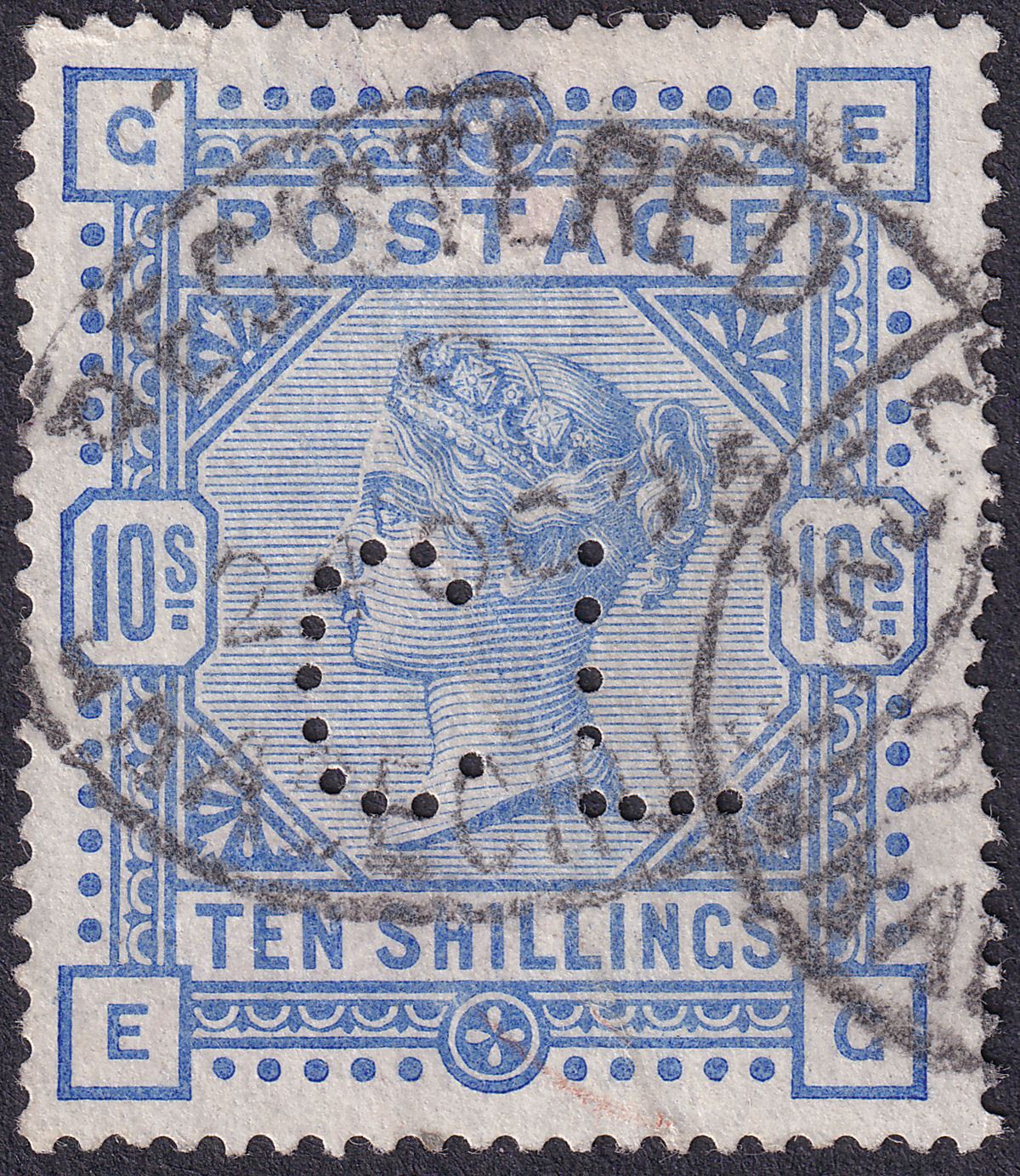 Queen Victoria 1899 10sh Ultramarine White Paper CL Perfin Used SG183a cat £375