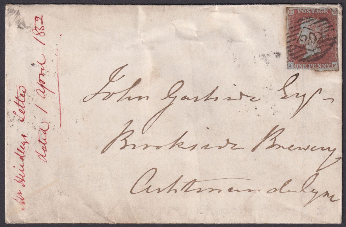 Queen Victoria 1852 1d Red Used Cover to Brookside Brewery, Ashton-under-Lyne