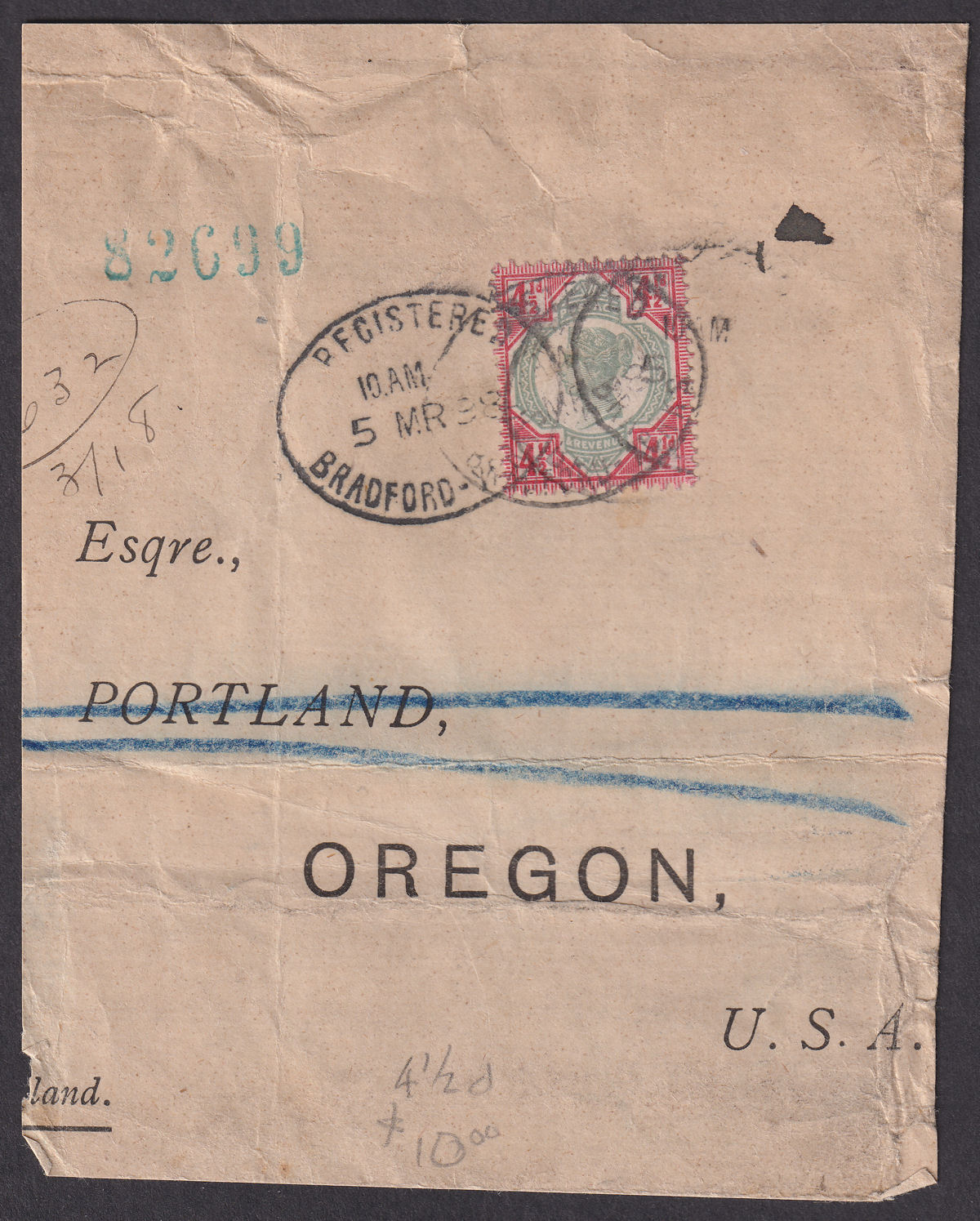 Queen Victoria 1898 Jubilee 4½d Used on Registered Cover Piece to USA