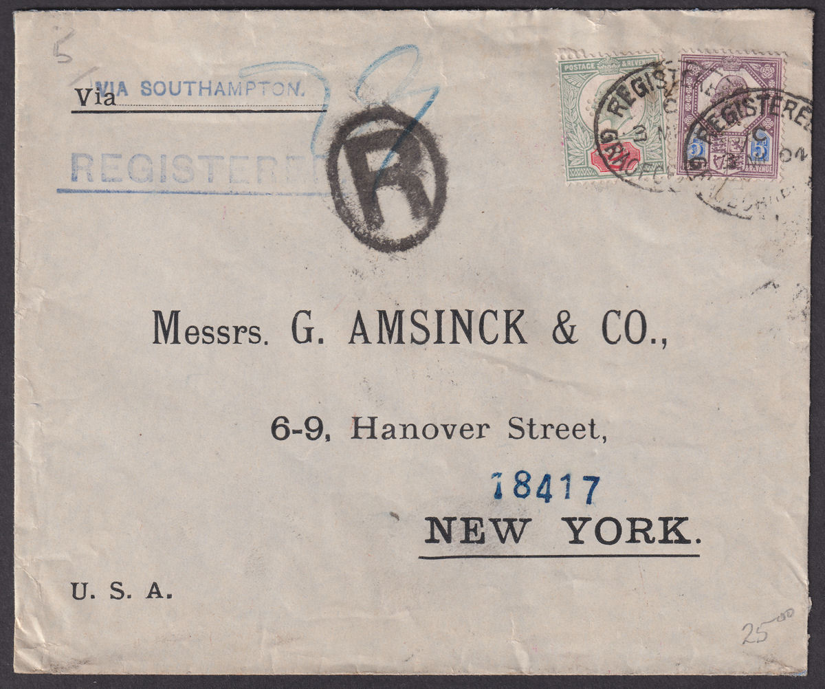 King Edward VII 1904 DG Perfin 5d + 2d Used on Reg Cover GRACECHURCH to USA