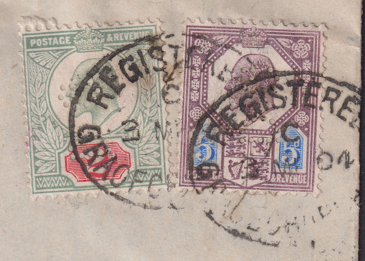 King Edward VII 1904 DG Perfin 5d + 2d Used on Reg Cover GRACECHURCH to USA