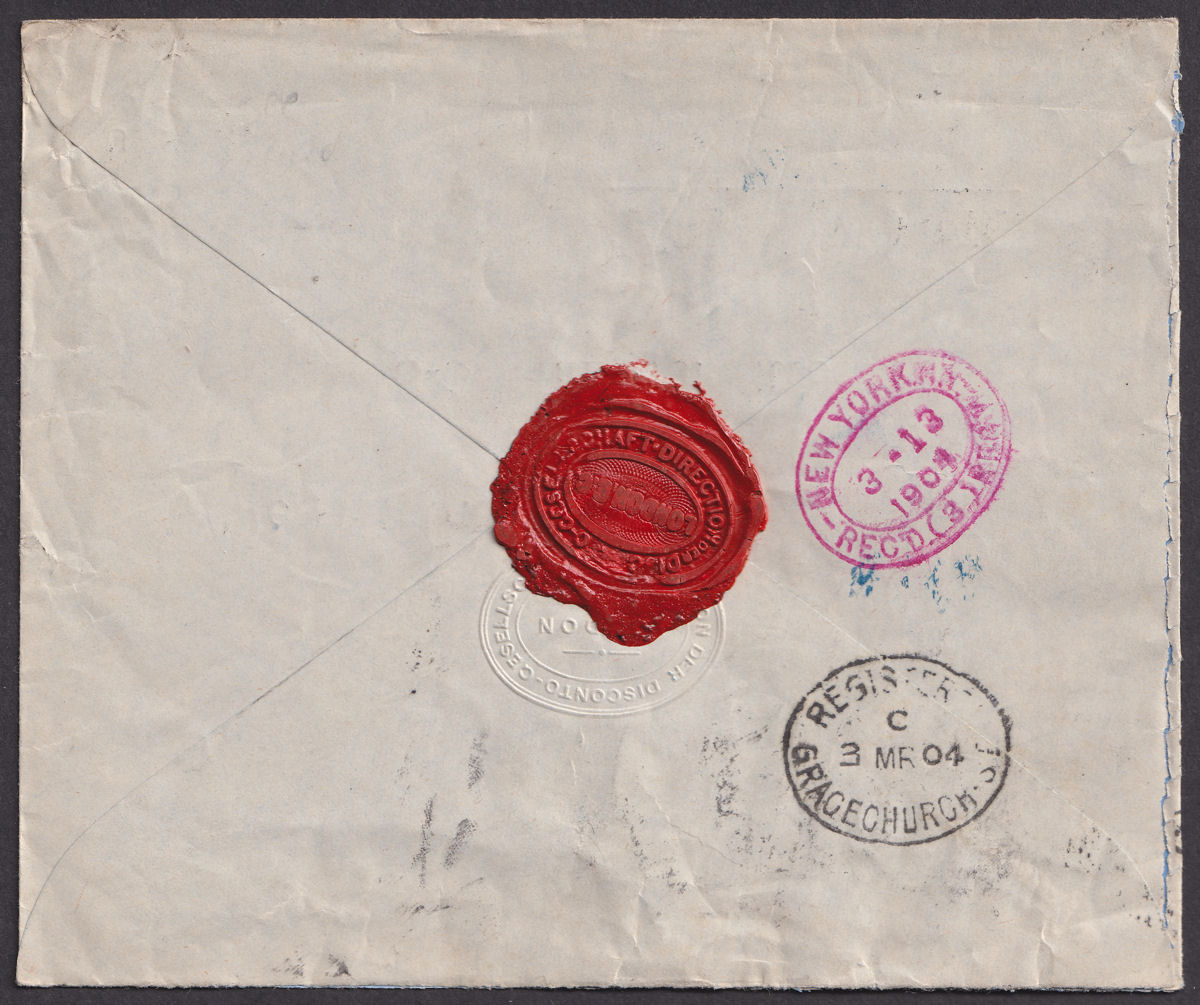 King Edward VII 1904 DG Perfin 5d + 2d Used on Reg Cover GRACECHURCH to USA