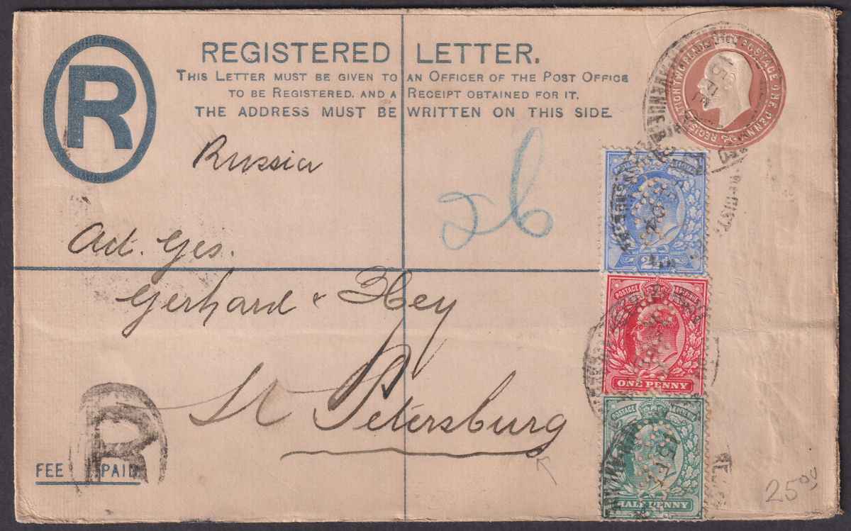 KEVII 1904 Perfin 5d, 2d Uprating 3d Regd Postal Stat Cover to St Petersburg