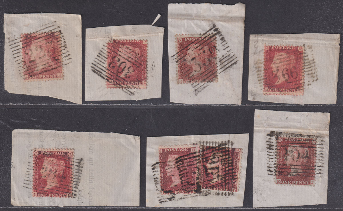 Queen Victoria 1854-64 1d Red Selection Used on Pieces w Numeral Postmarks
