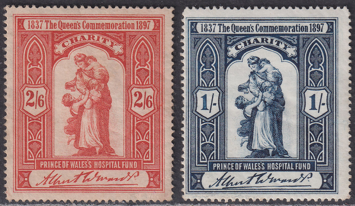 QV 1897 Prince of Wales' Hospital Fund 2sh6d, 1sh Charity Labels Mint / Unused