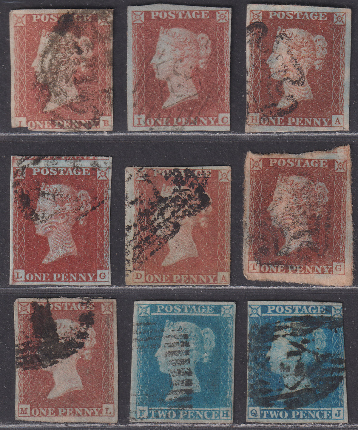 Queen Victoria 1841 1d Red +2d Blue Imperf Selection inc blued paper Used
