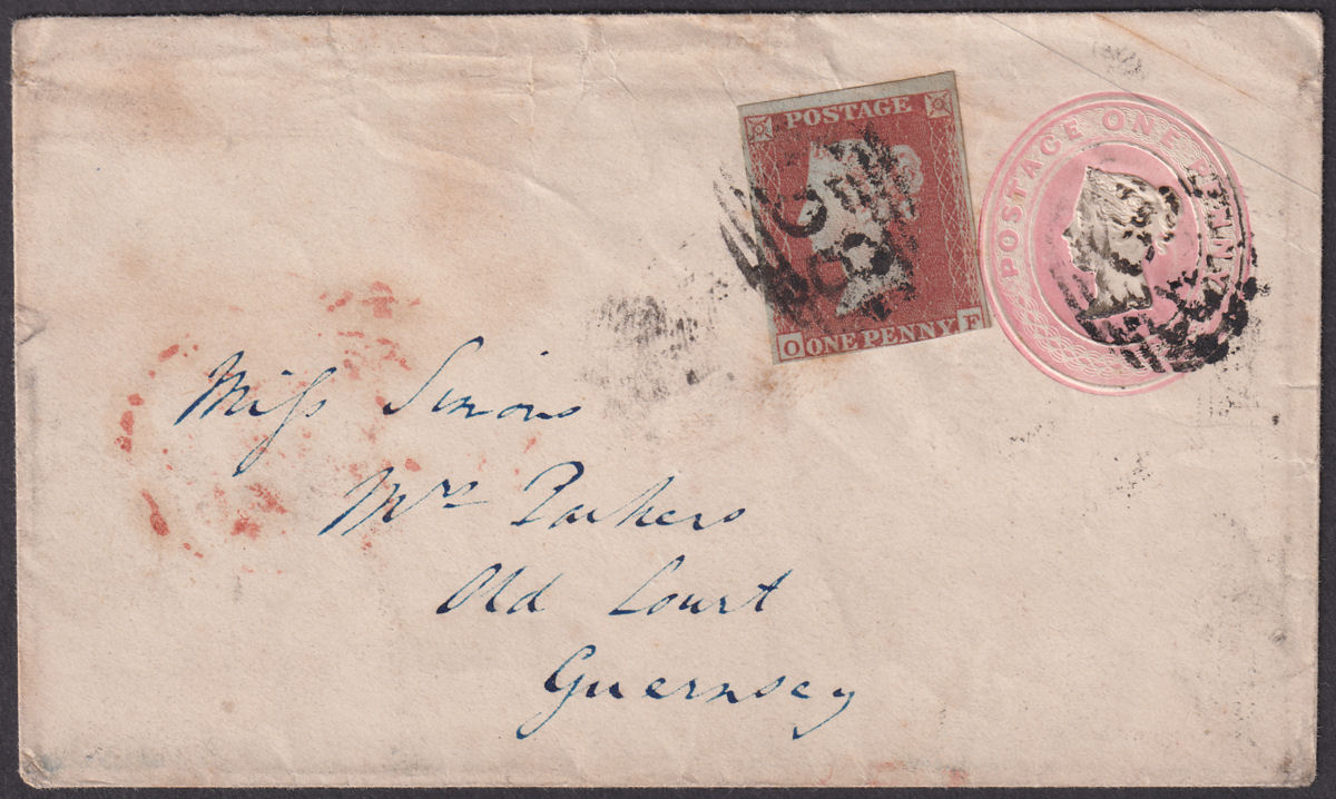 Queen Victoria 1852 1d Red Uprating 1d Postal Stat Cover Cambridge to Guernsey