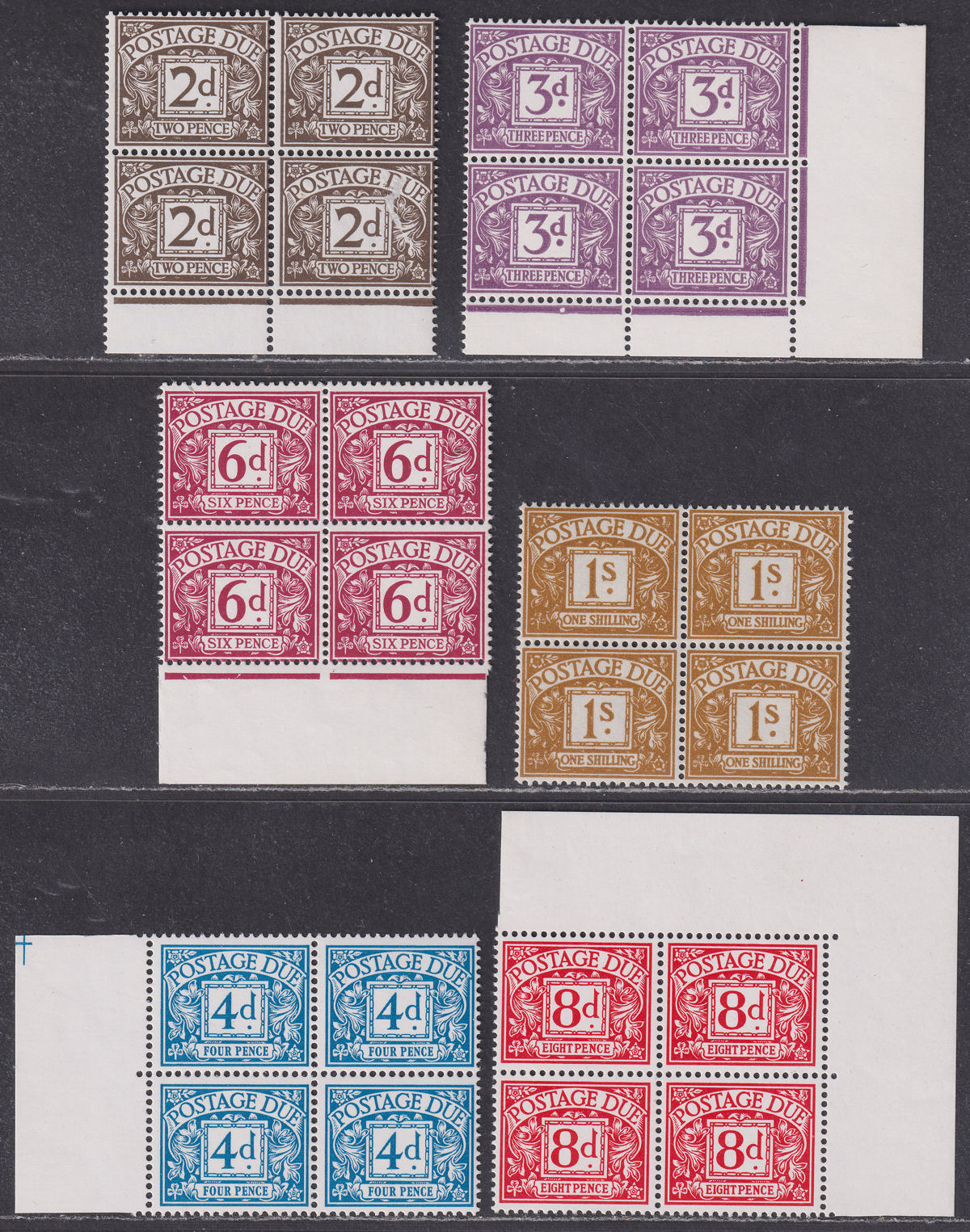Queen Elizabeth II 1968-69 Postage Due Block Selection to 1sh Mint fault on 2d