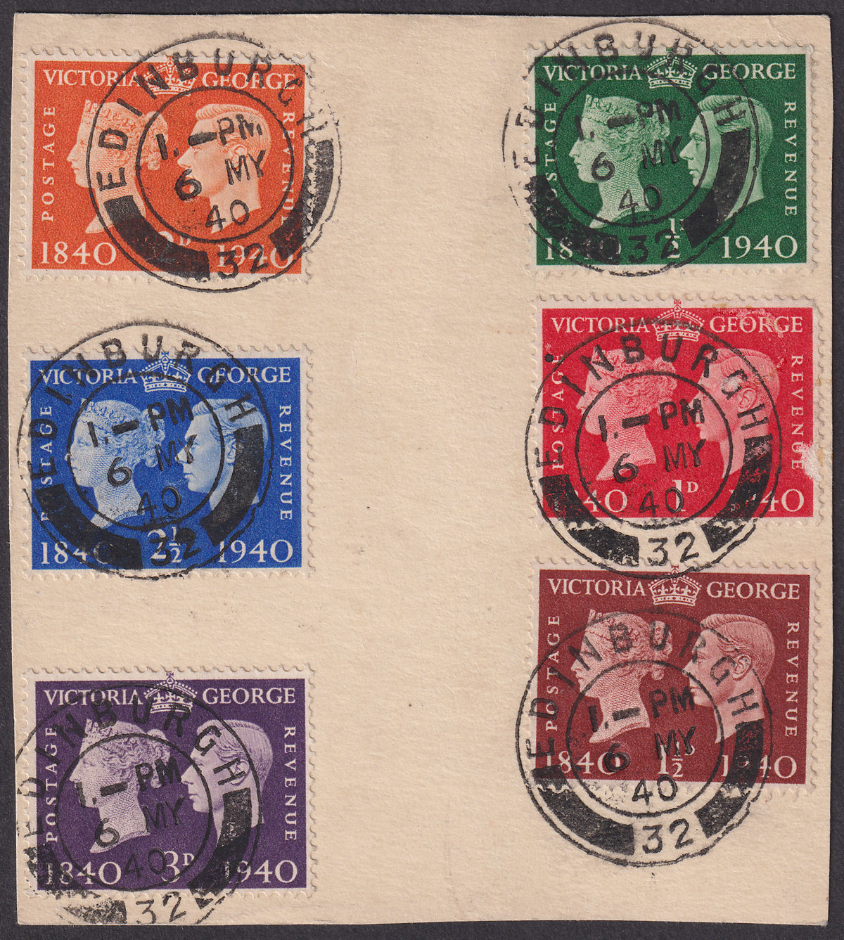 KGVI 1940 Centenary of First Adhesive Stamps Set Used on First Day Piece