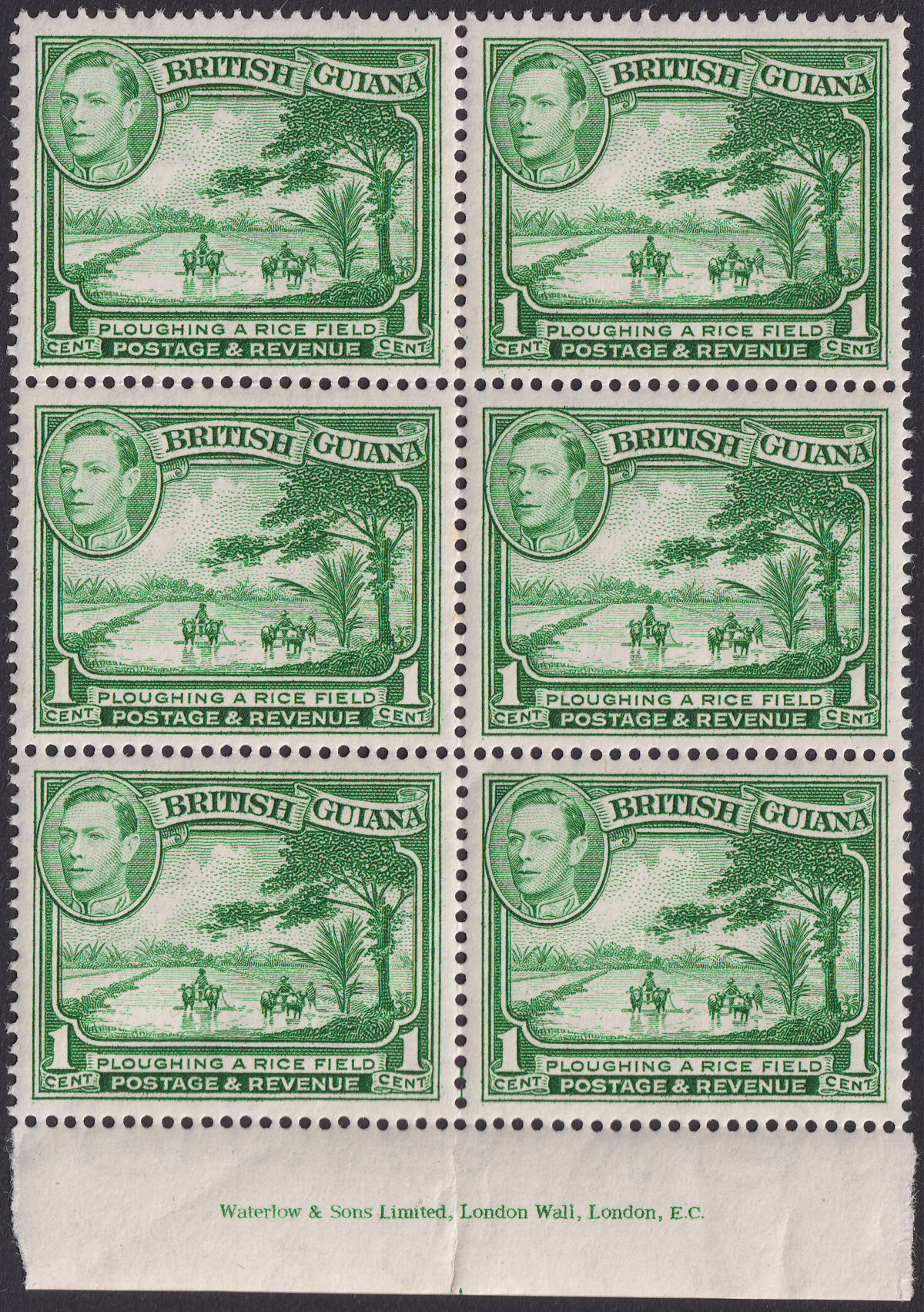British Guiana 1938 KGVI 1c Yellow-Green Imprint Block of 6 Mint SG308 c£138