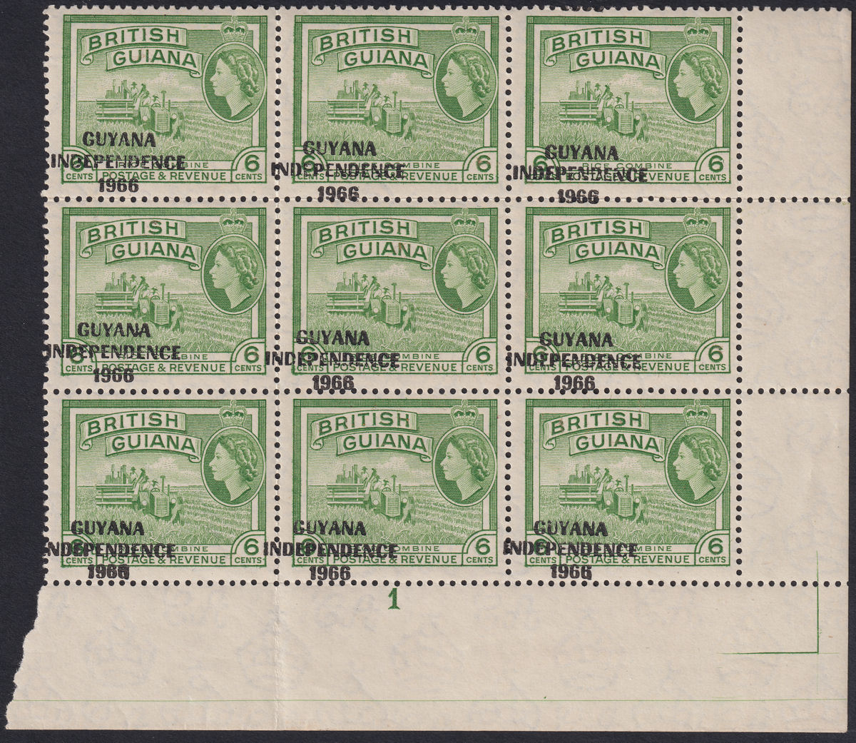 Guyana 1967 Independence Overprint Misplaced 6c Yel-Green Block 9 Mint SG424var