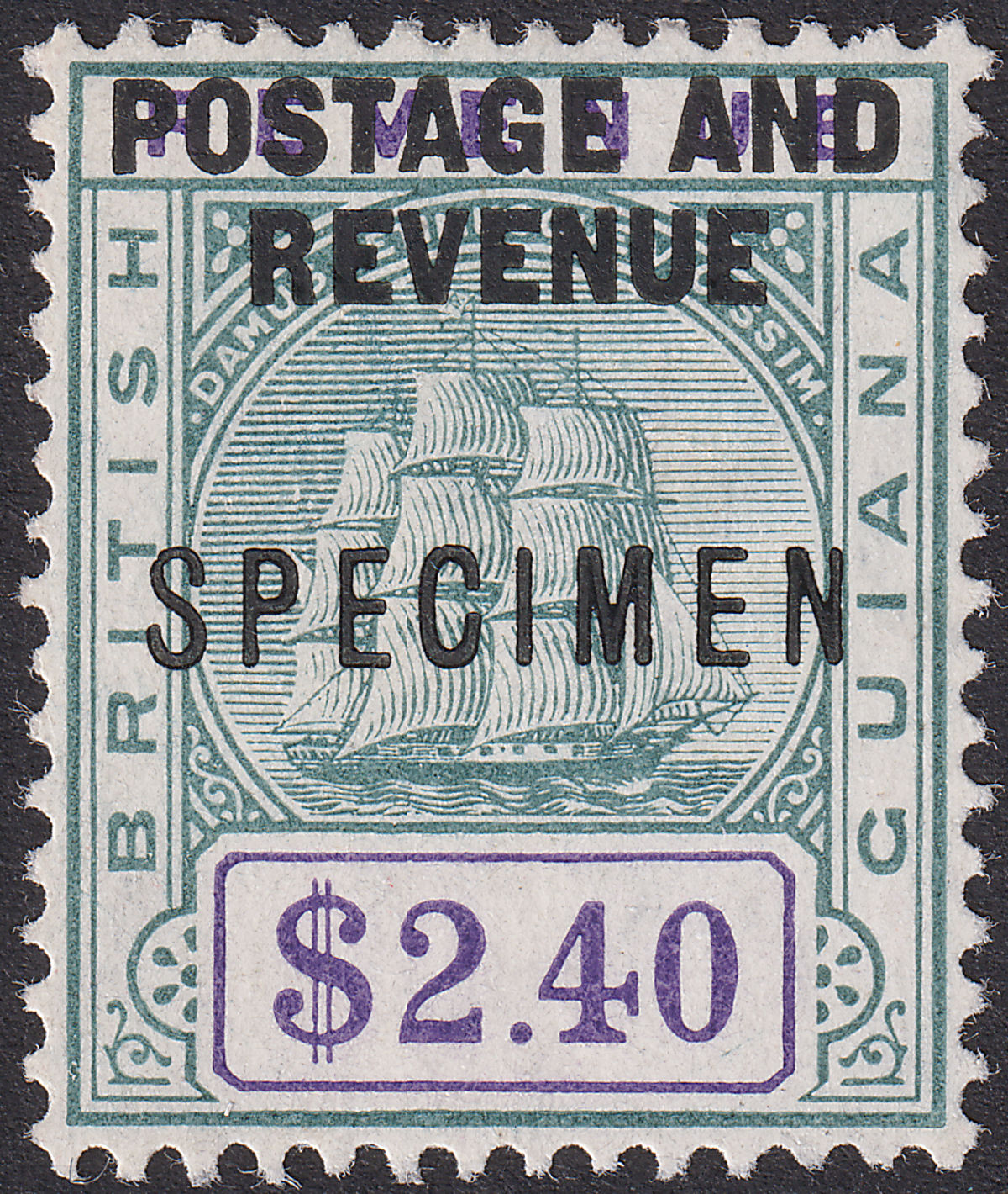 British Guiana 1905 Post + Rev Opt $2.40 Green + Violet SPECIMEN SG251s cat £85