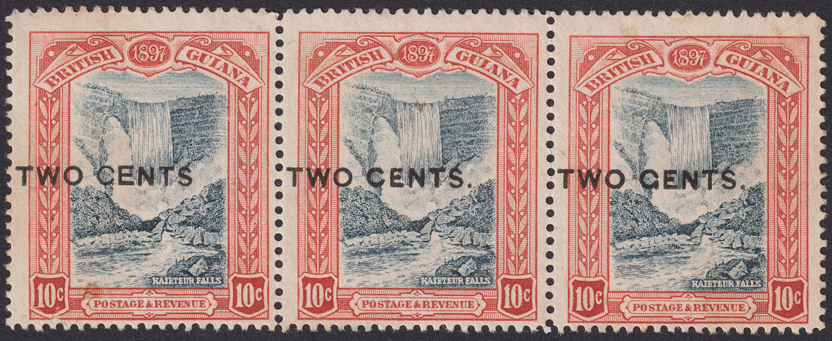 British Guiana 1899 QV 2c Surcharge Strip No Stop + GENTS Unused SG223a SG223b