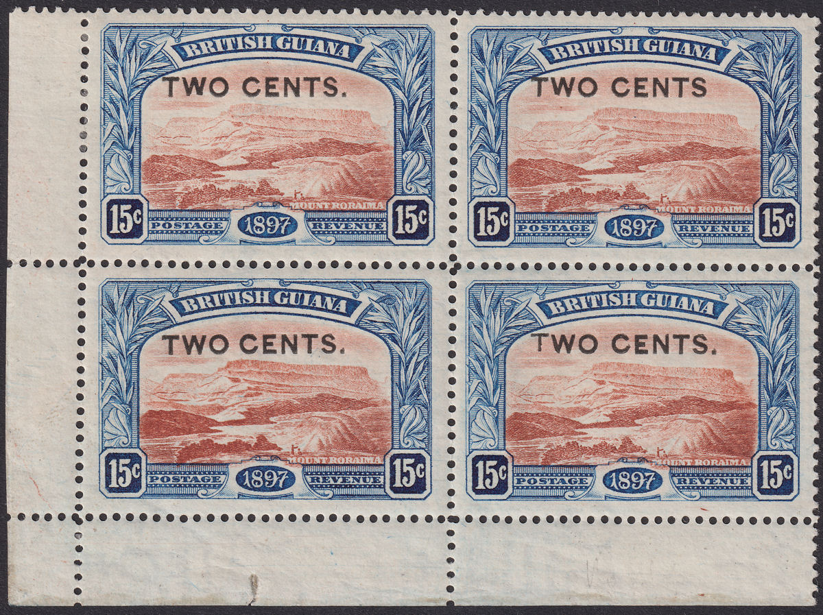 British Guiana 1899 QV 2c Surch 15c Block w No Stop Variety Mint SG224a c£80++