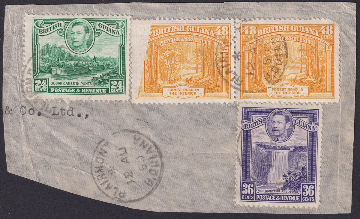 British Guiana 1950 KGVI Multi Stamp Piece Used 48c Huge Confetti Flaw Variety
