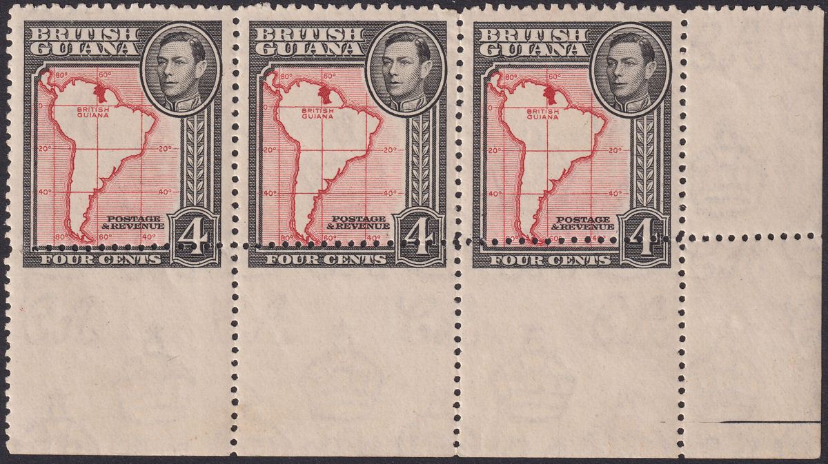 British Guiana 1938 KGVI 4c Spectacular Mis-Perforated Corner Strip Mint SG310v