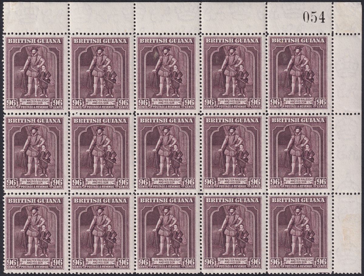 British Guiana 1944 KGVI 96c Purple perf 12½x13½ Block of 15 Mint SG316a c£330