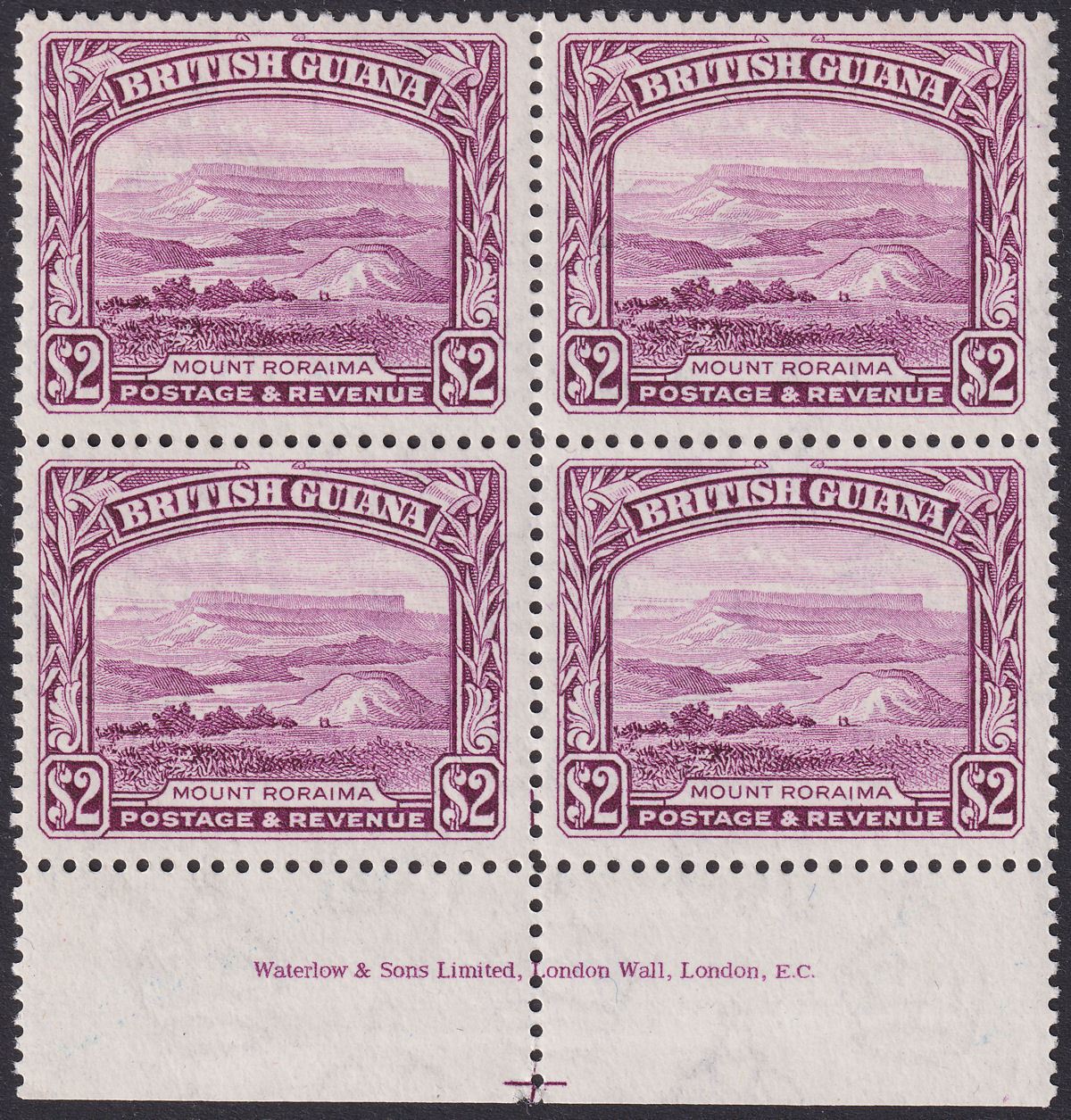 British Guiana 1945 KGVI $2 Purple p12½ Imprint Block of 4 Mint SG318 cat £100