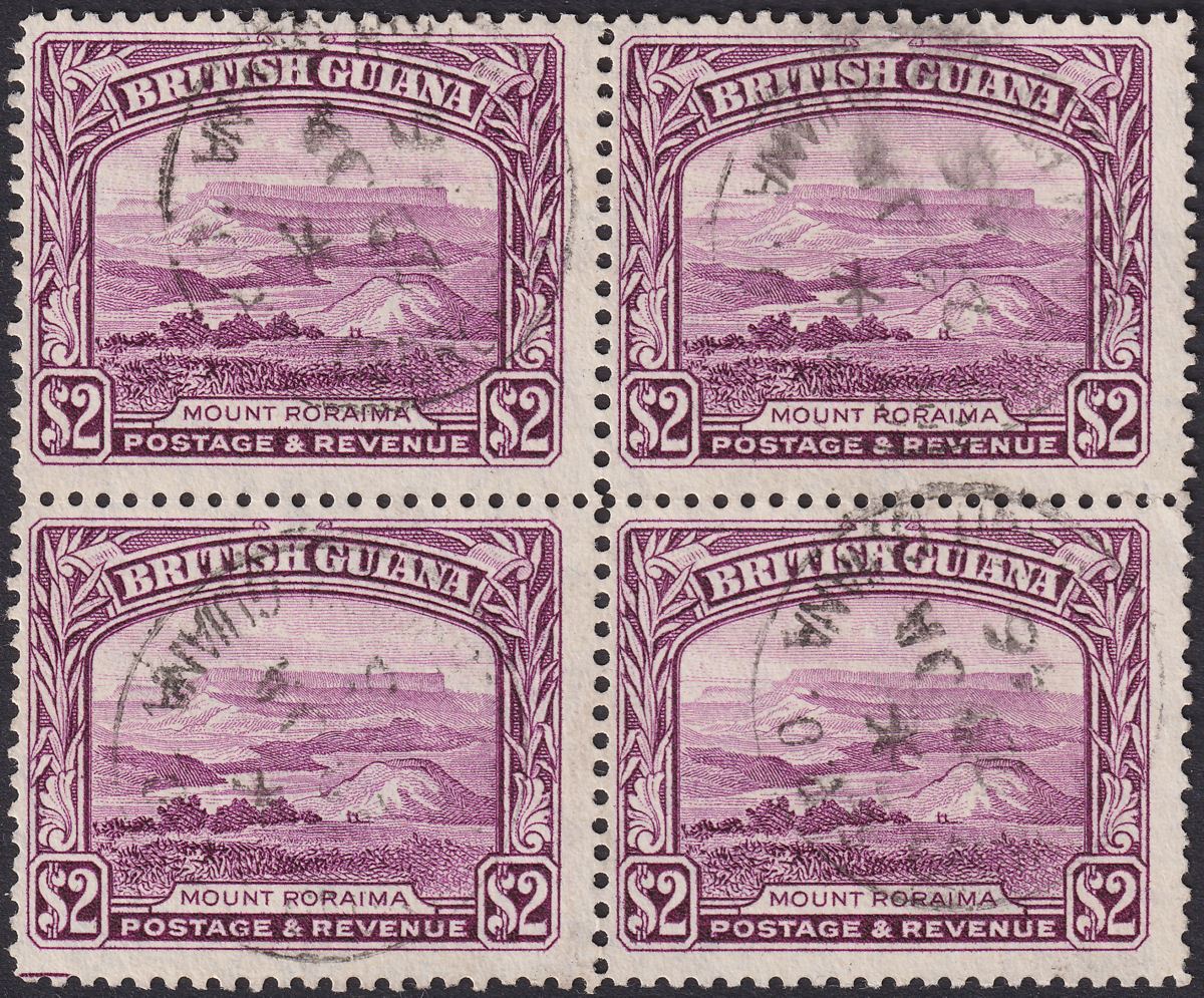 British Guiana 1945 KGVI $2 Purple perf 12½ Block of 4 Used SG318 cat £128