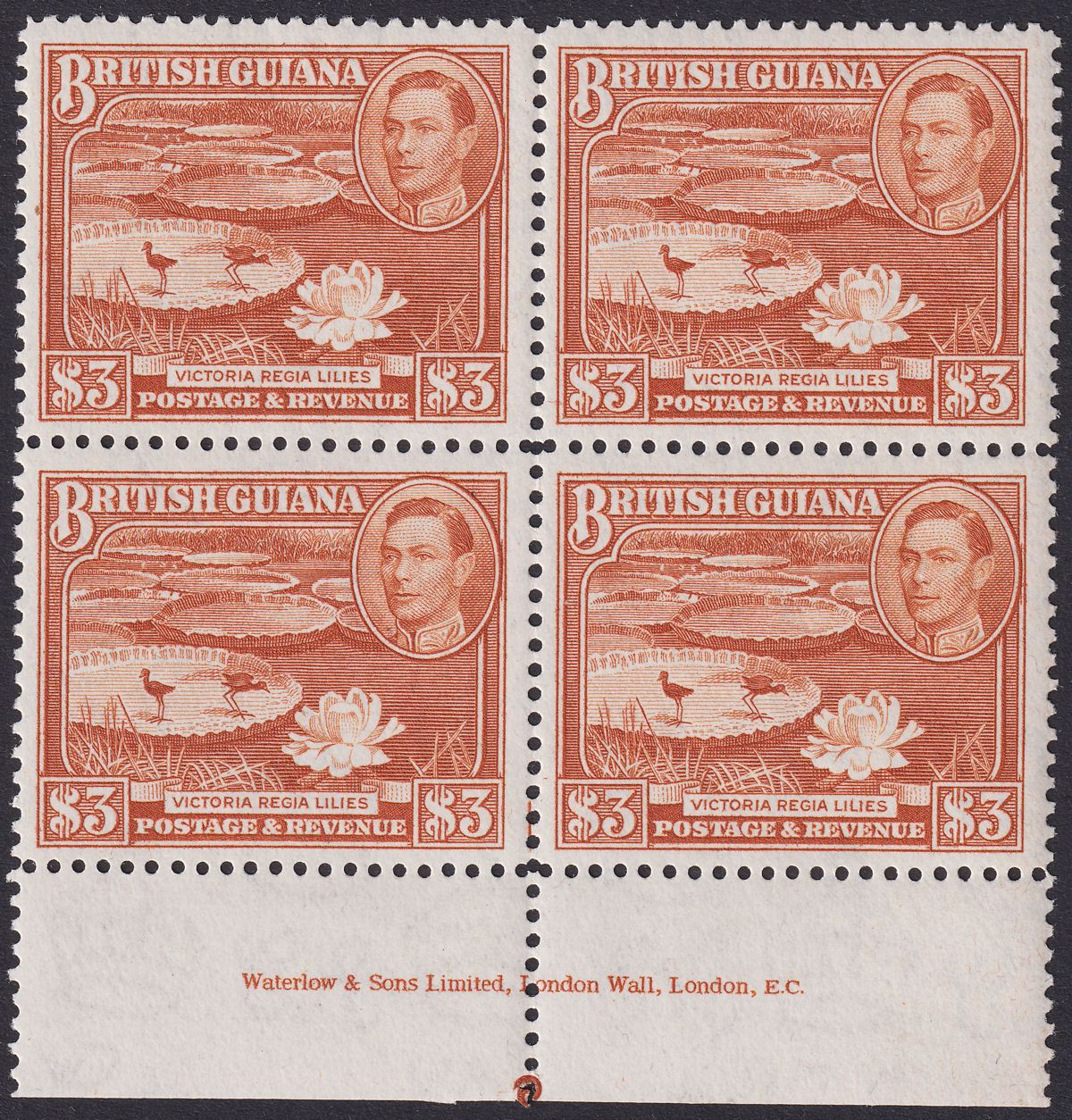 British Guiana 1945 KGVI $3 Red-Brown p12½ Imprint Block of 4 Mint SG319 c£120