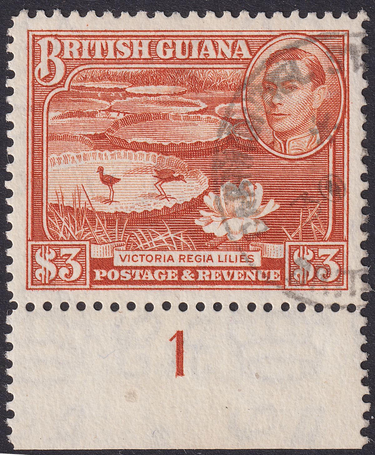 British Guiana 1945 KGVI $3 Red-Brown p12½ Plate 1 Marginal Used SG319 cat £45