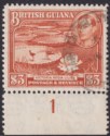 Click for more photos and details British Guiana 1945 KGVI $3 Red-Brown p12½ Plate 1 Marginal Used SG319 cat £45