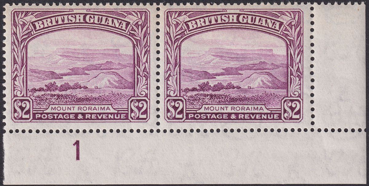 British Guiana 1950 KGVI $2 Purple p14x13 Plate 1 Corner Pair Mint SG318a c£60