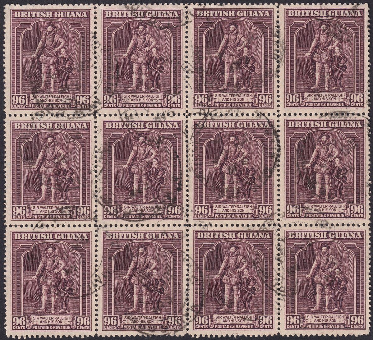 British Guiana 1944 KGVI 96c Purple p12½x13½ Block of 12 Used SG316a cat £240