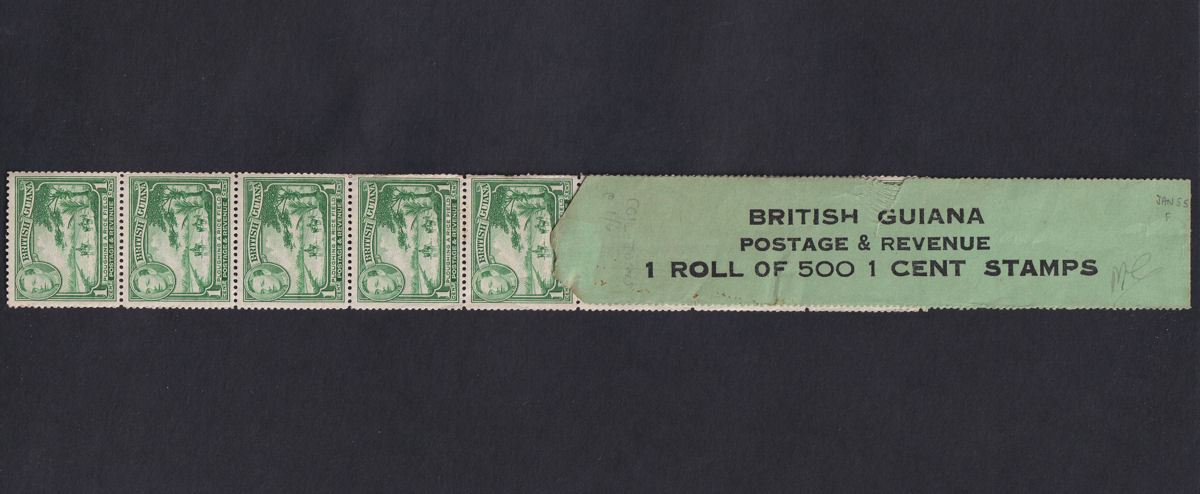 British Guiana 1938 KGVI 1c Yellow-Green Coil Leader with 8 Stamps Mint SG308