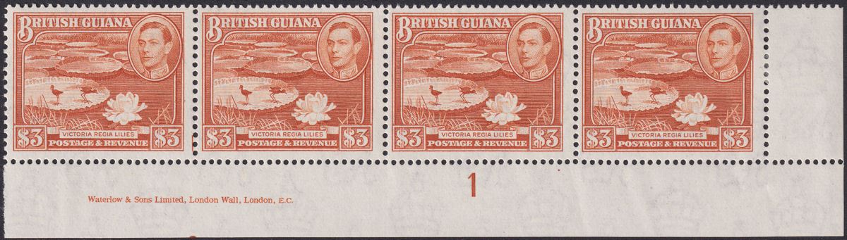 British Guiana 1952 KGVI $3 Red-Brown p14x13 Plate 1 Imprint Strip Mint SG319b