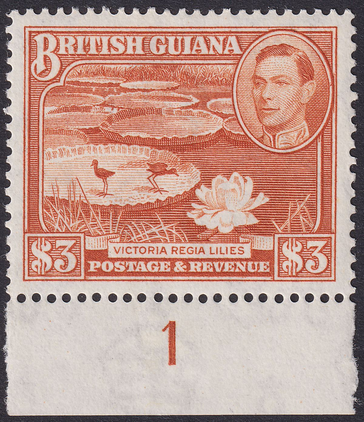 British Guiana 1952 KGVI $3 Red-Brown p14x13 Plate 1 Marginal Mint SG319b cat£45