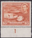 British Guiana 1952 KGVI $3 Red-Brown p14x13 Plate 1 Marginal Mint SG319b cat£45