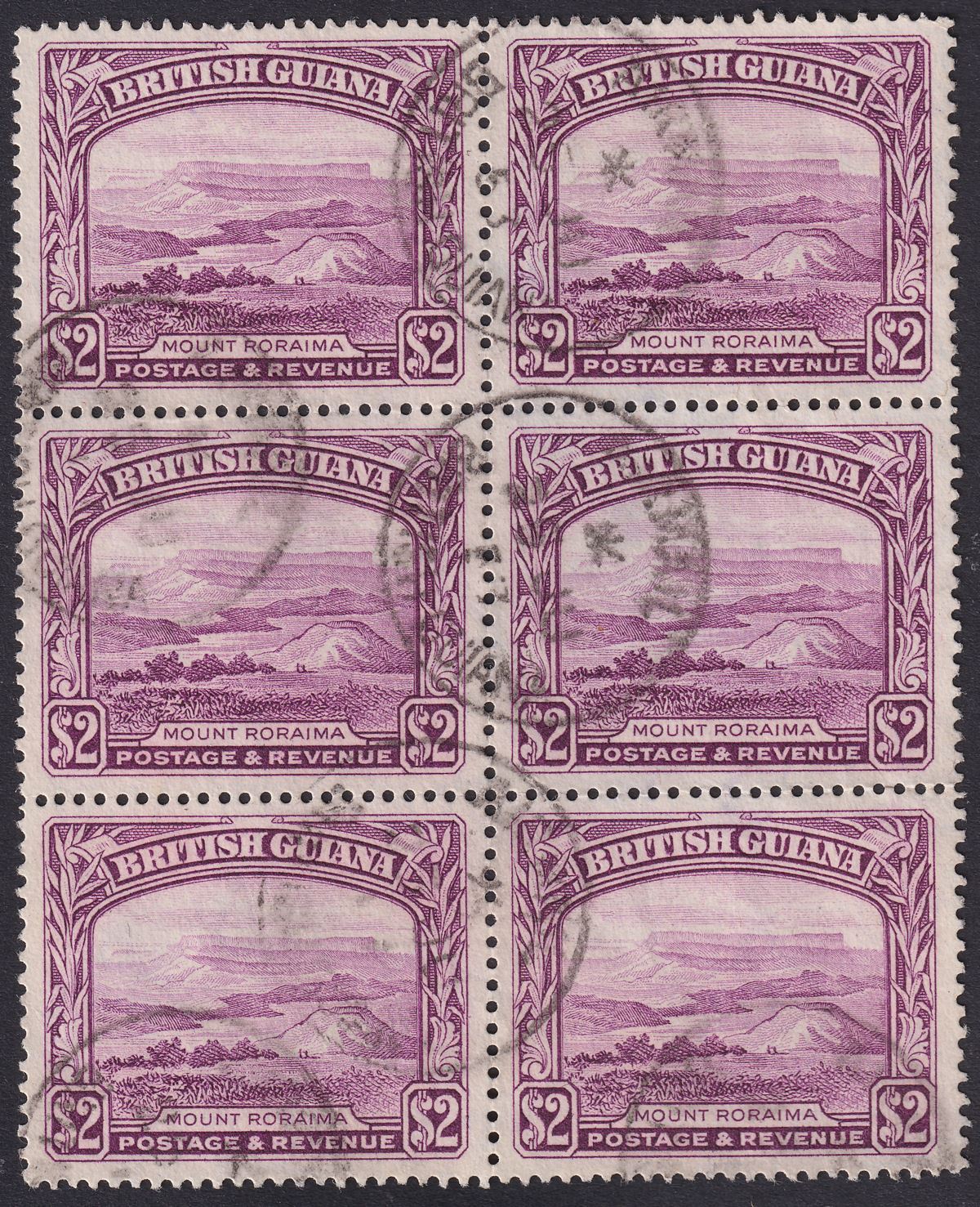 British Guiana 1950 KGVI $2 Purple perf 14x13 Block of 6 Used SG318a cat £270