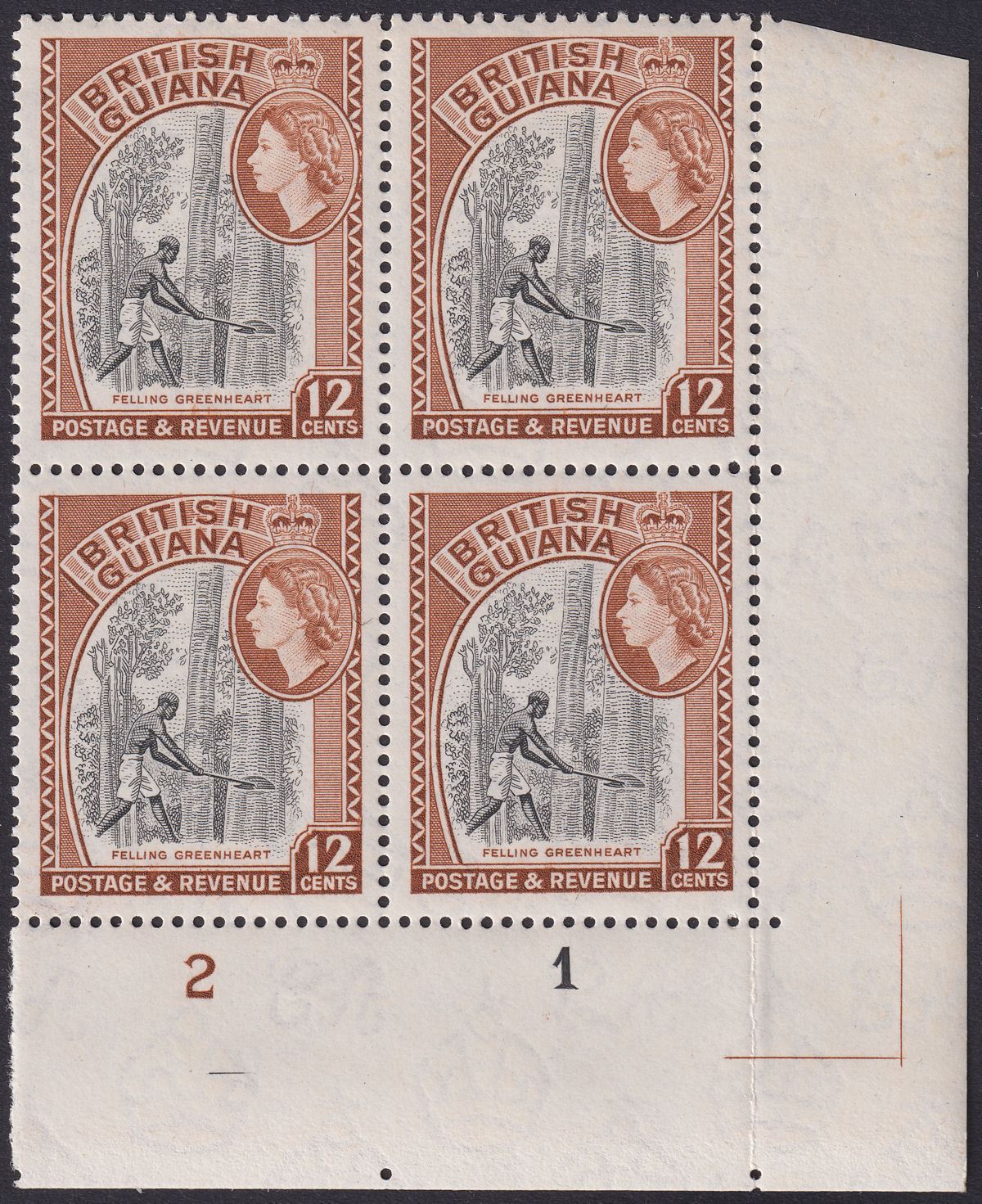 British Guiana 1961 QEII 12c Black + Brown De La Rue Plate 2-1 Block Mint SG338b