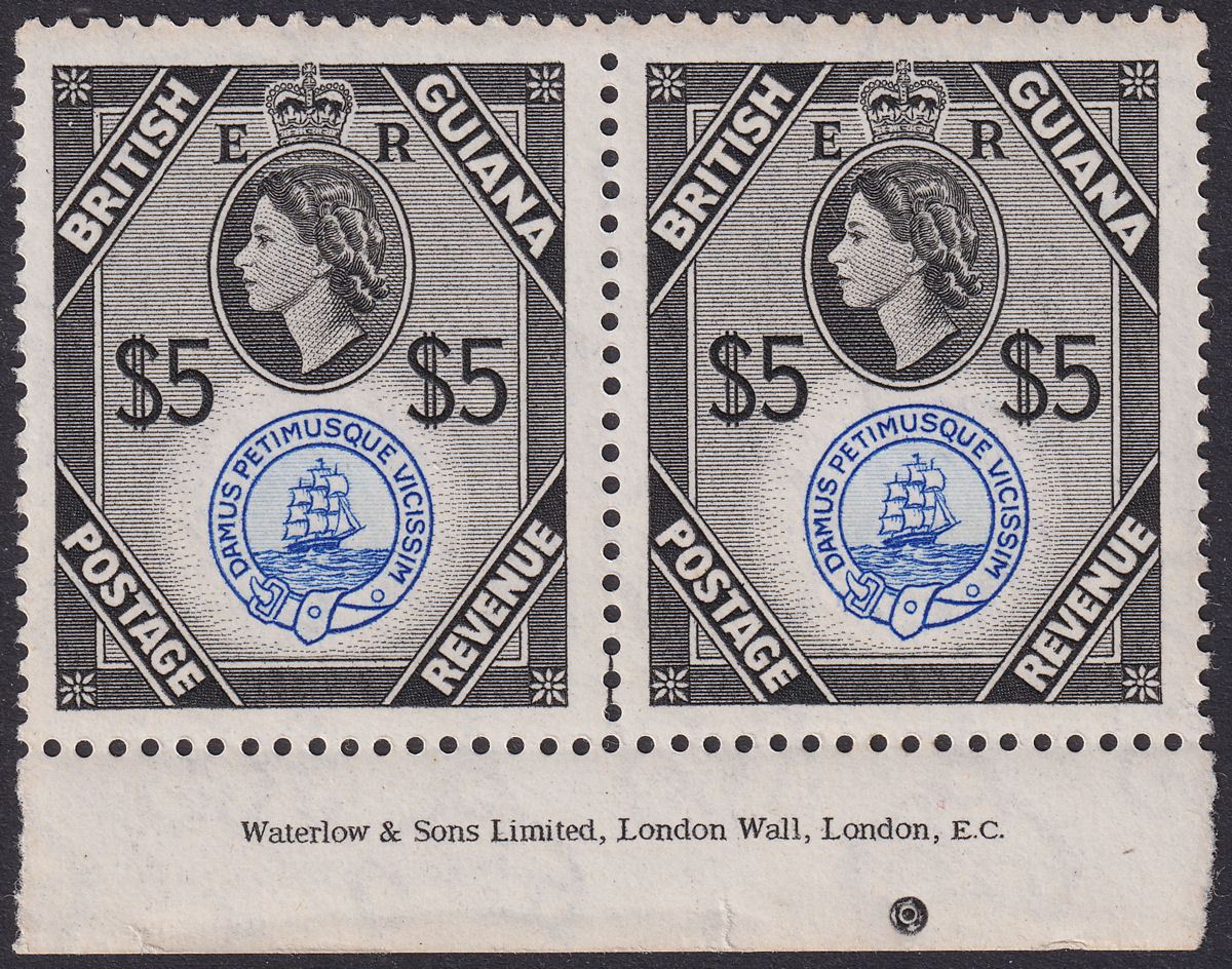 British Guiana 1954 QEII $5 Ultra + Black Waterlow Imprint Pair Mint SG345 c£54