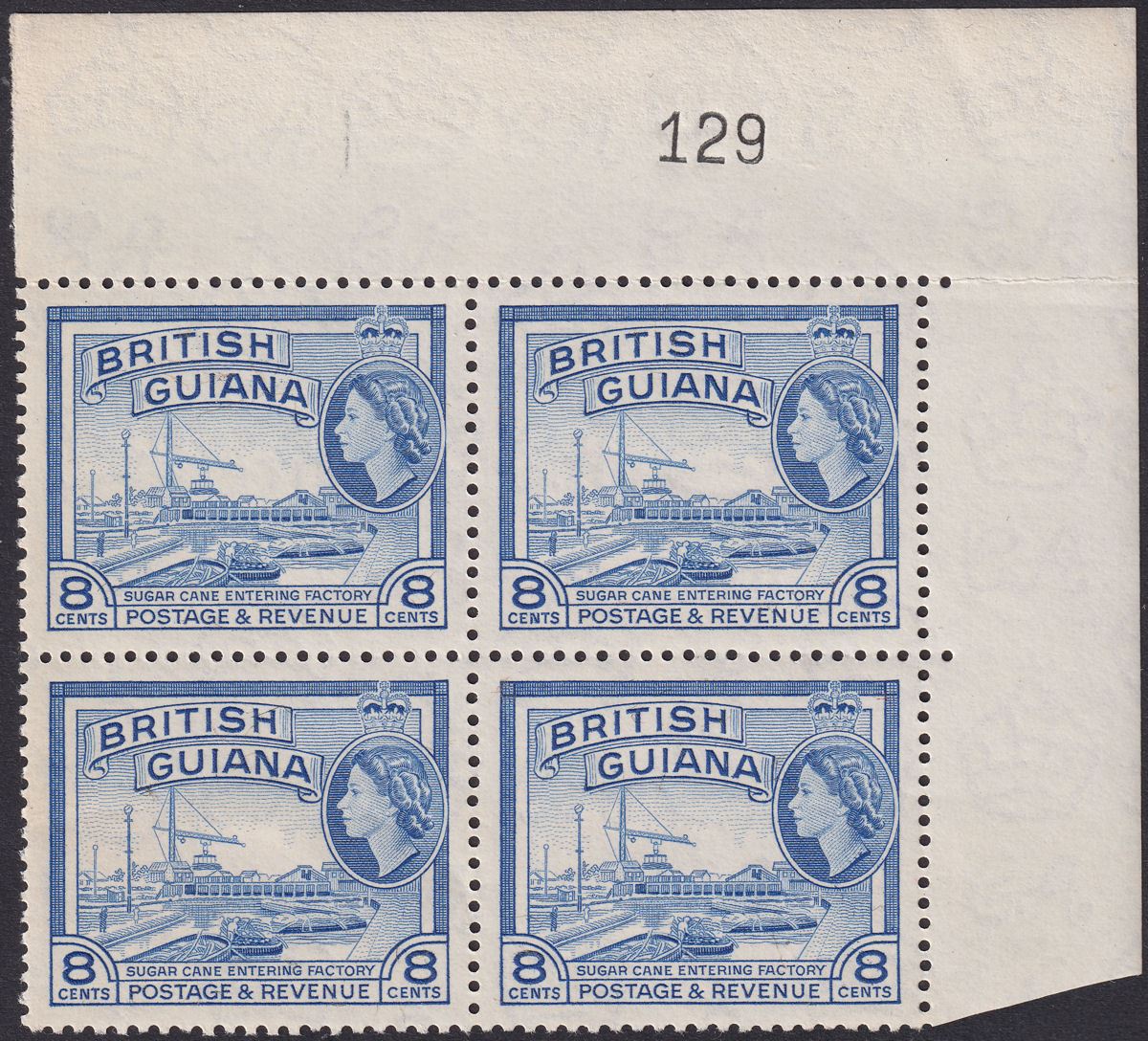 British Guiana 1961 QEII 8c Blue De La Rue Corner Block of 4 Mint SG337a cat£112