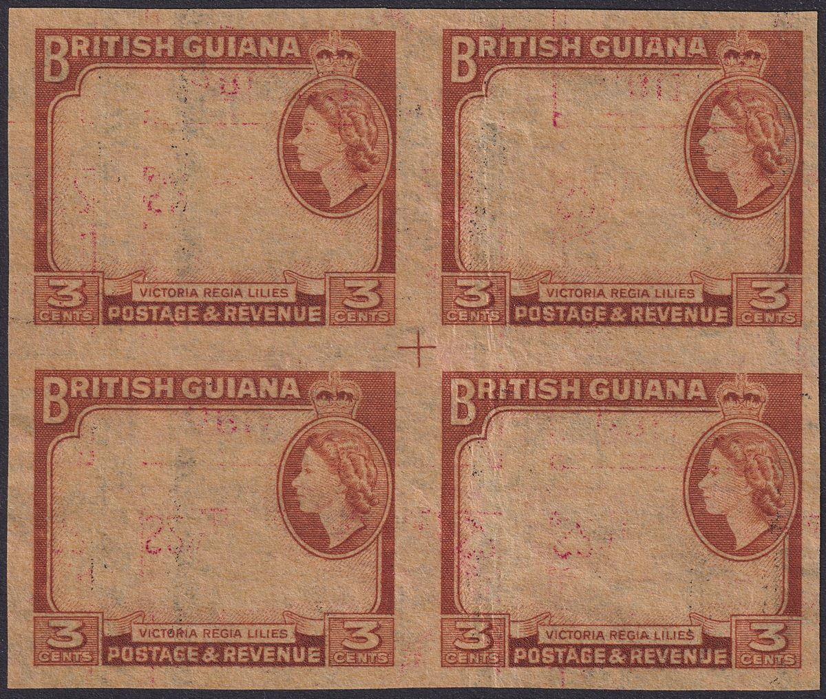 British Guiana + Perlis 1961 QEII Printers Waste 3c Frame Block of 4 + Reverse