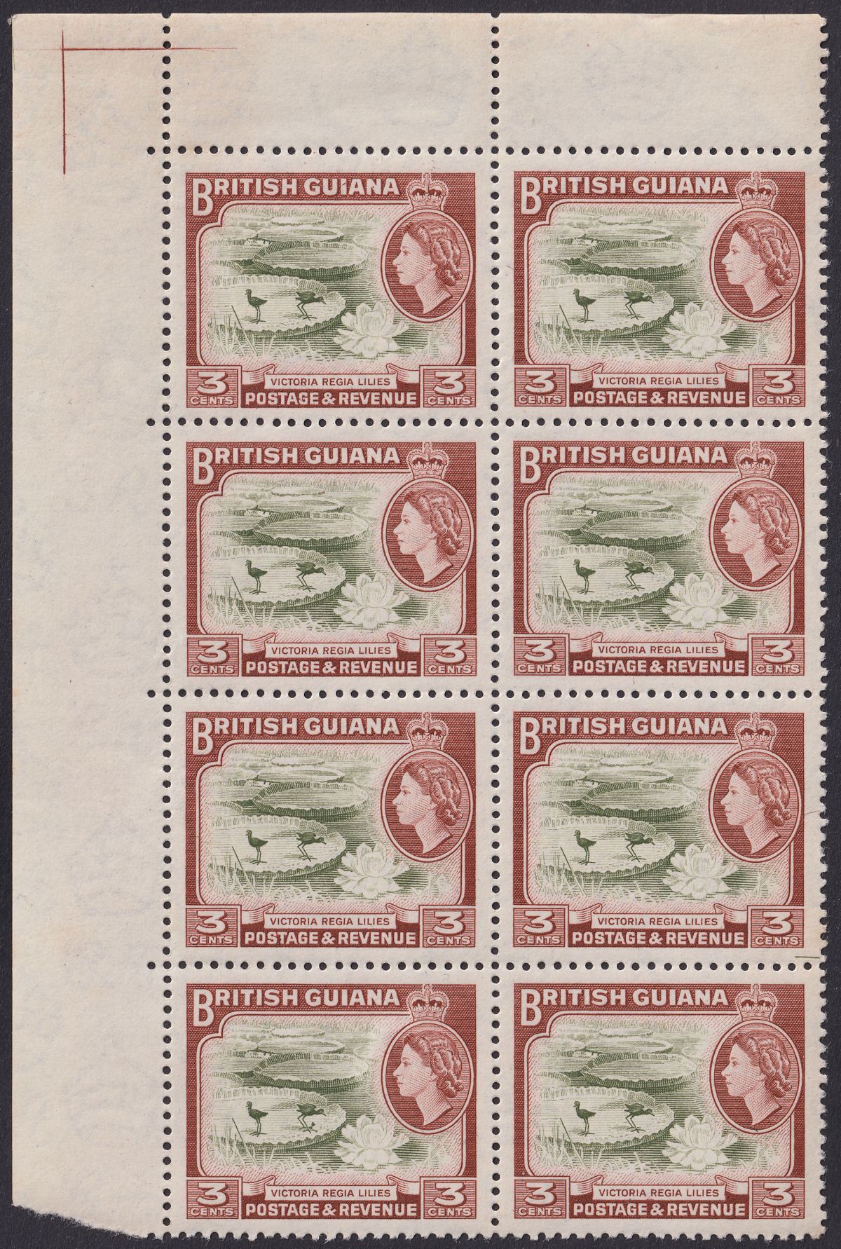 British Guiana 1954 QEII 3c Block 8 Clubbed Foot Variety Mint SG333b c£70 tones