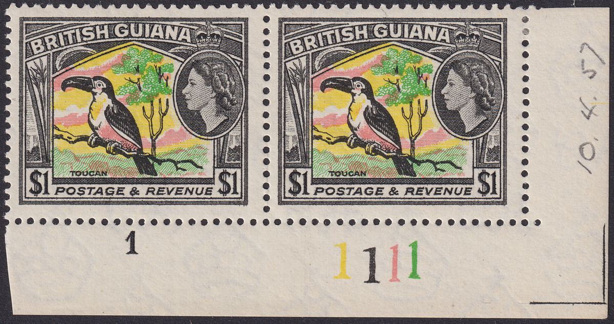 British Guiana 1957 QEII $1 Pink Yellow Green + Black Plate 1-1-1-1-1 Mint SG343