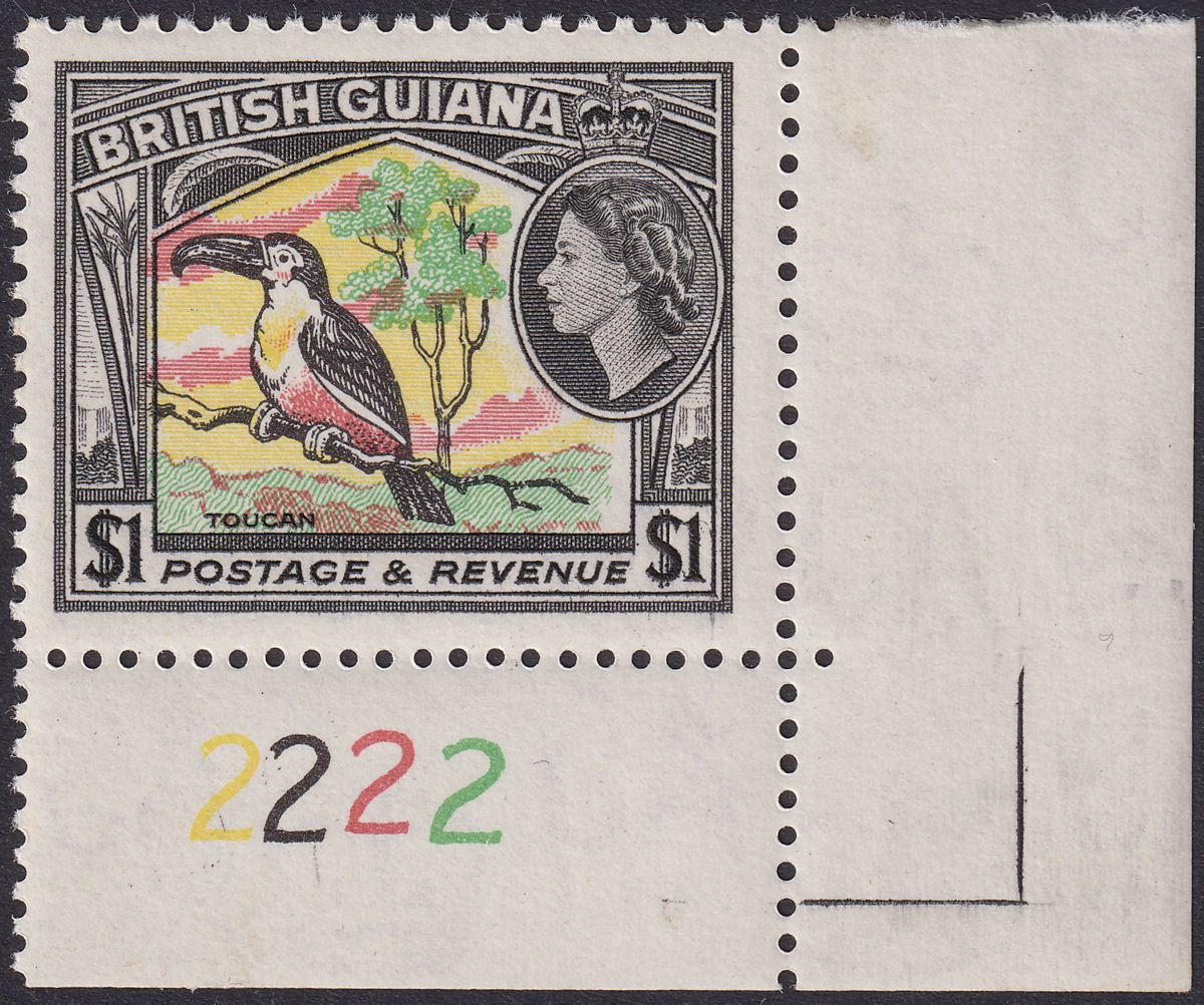 British Guiana 1963 QEII $1 Pink, Yellow, Green + Black Plate Corner Mint SG364